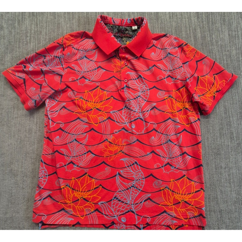 Robert Graham Koi Fish Lotus Print Red Polo Shirt Men's M 100% Cotton Pullover
